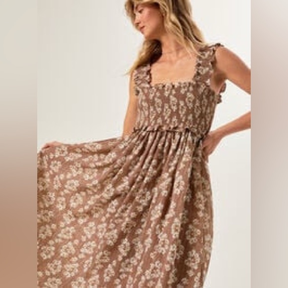 Altar'd State Brown Tan Ruffled Maxi Sundress